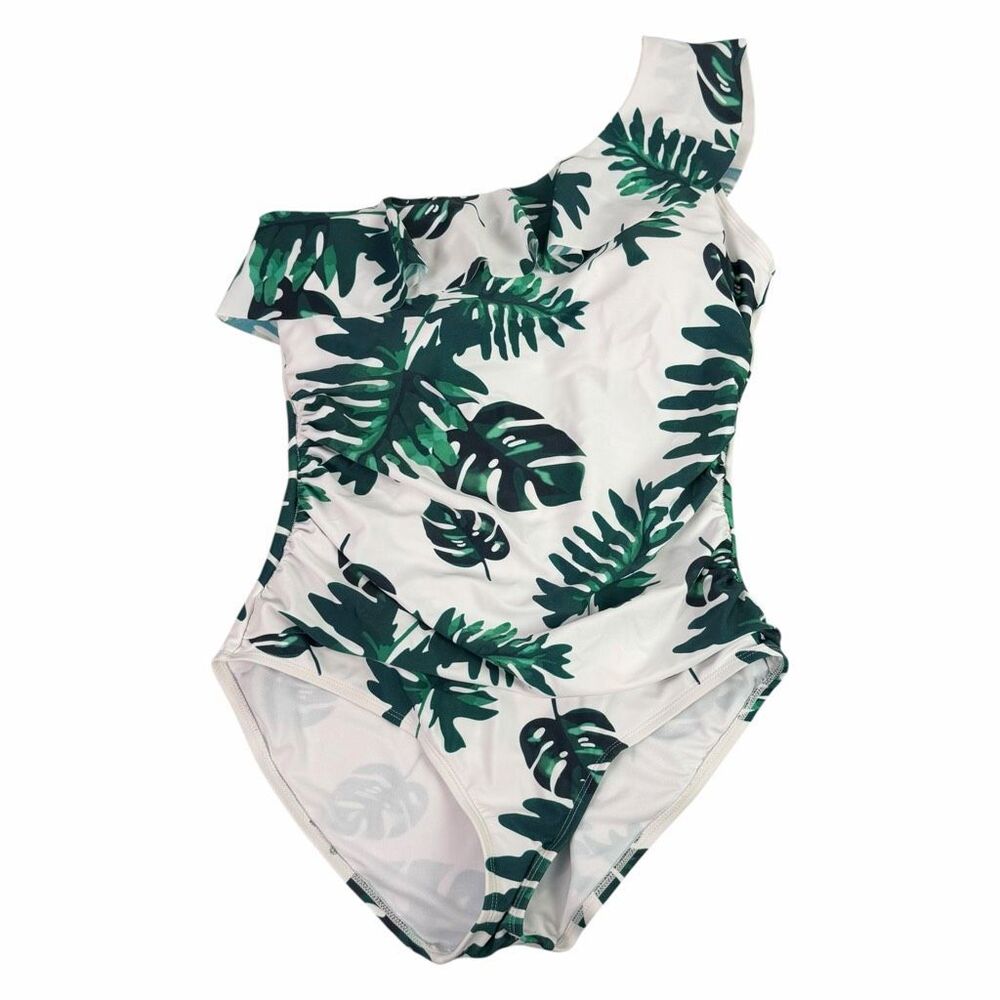 Hilor Women's One Piece Swimsuit One Shoulder size 16 Green Leaves